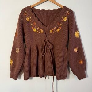 Brown Floral Embroidered Women's Sweater, Cinched Tie Under Bust